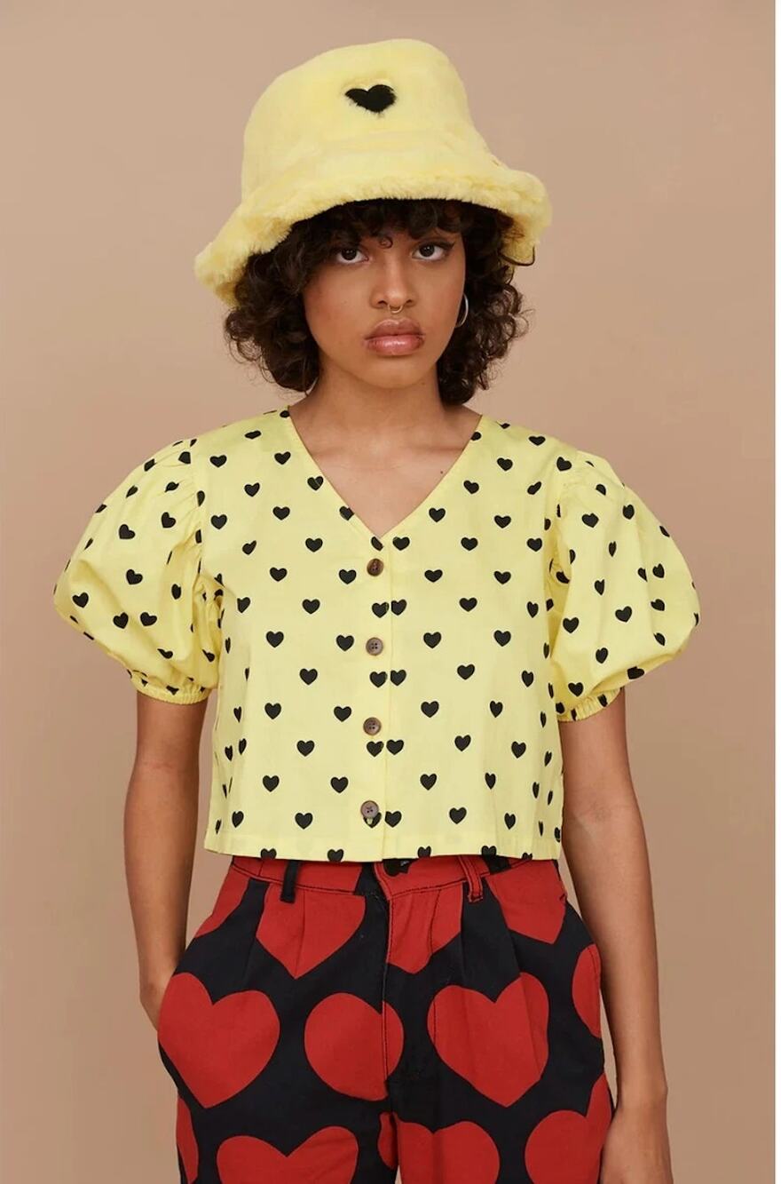 Lazy Oaf yellow hearts button crop top